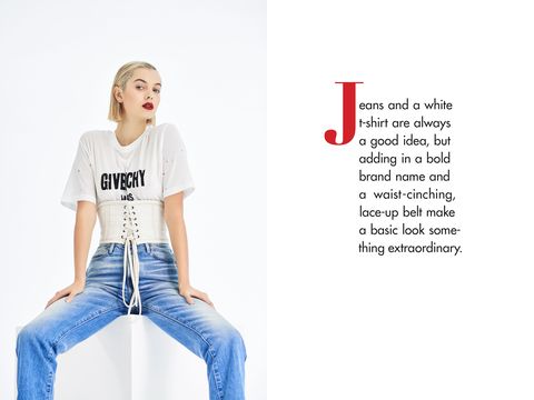 Jeans, Clothing, White, Denim, Sitting, Shoulder, T-shirt, Waist, Font, Textile, 
