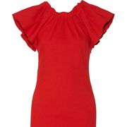 Red, Dress, One-piece garment, Carmine, Fashion, Maroon, Orange, Neck, Pattern, Sleeveless shirt, 
