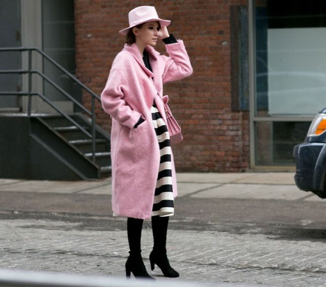 Clothing, Sleeve, Outerwear, Hat, Winter, Coat, Pink, Style, Street fashion, Stairs, 