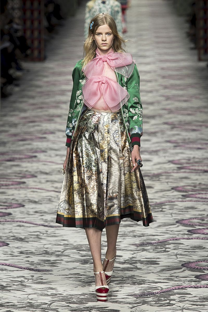 <p>It seems a post-minimalist world is one with pussy-neck bows, embroidery, embellishment, lamé, layers and retro shapes with sharply modern updates. The word on these mash-up runways are "more is more."</p><p><em>Pictured: Gucci</em></p>