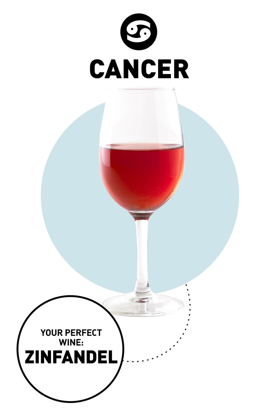 <p><strong>Your Drink:</strong> Zinfandel</p><p><strong>Why:</strong> Cancers are known for having a tough exterior, but once you get to know them, they're some of the kindest, most welcoming people around. A zinfandel is just like that—if you take a sip right after opening a bottle, all you taste is alcohol. Give it 30 minutes to decant, however, and the berry and licorice flavors come out, as well as a warmth that lingers long after your last sip.</p>