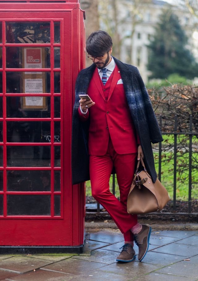 Clothing, Telephone booth, Red, Coat, Outerwear, Payphone, Communication Device, Blazer, Bag, Street fashion, 