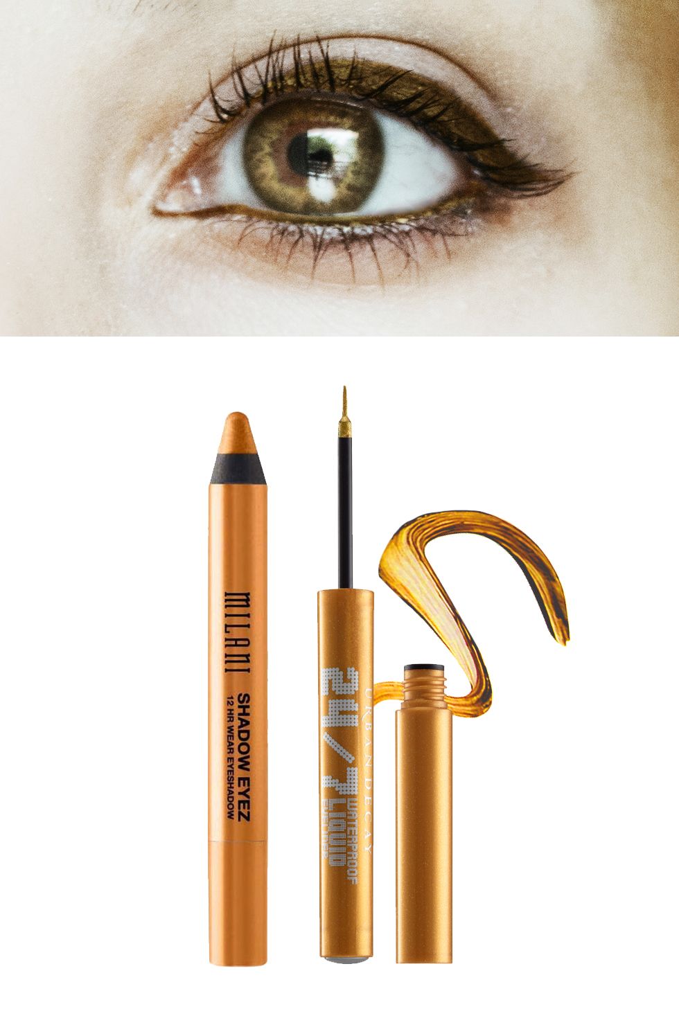 <p>A warm metallic gold will accentuate the yellow flecks around the inner part of the iris, making them shimmer, and your eyes look even brighter.</p><p>Try: <a href="http://www.yslbeautyus.com/dessin-du-regard-waterproof/497YSL.html?dwvar_497YSL_color=No1%20-%20Black%20Ink" target="_blank">Yves Saint Lauren Dessin Du Regard Waterproof</a> <span class="redactor-invisible-space"><a href="http://www.yslbeautyus.com/dessin-du-regard-waterproof/497YSL.html?dwvar_497YSL_color=No1%20-%20Black%20Ink"></a>($30) or <a href="http://www.urbandecay.com/24/7-waterproof-liquid-eyeliner/305.html" target="_blank">Urban Decay 24/7 Waterproof Liquid Liner</a> ($19).</span></p>