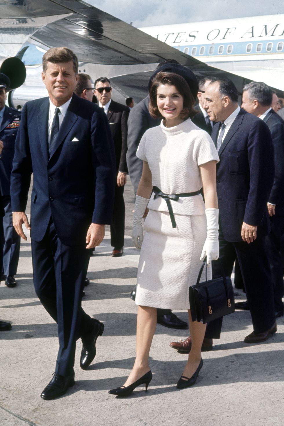 US President John F Kennedy (1917 - 1963) and First Lady Jacqueline Kennedy (1929 - 1994) arriving at San Antonio airport during a campaign tour of Texas, 21st November 1963. The President was assassinated in Dallas the following day. (Photo by Art Rickerby/Time &amp; Life Pictures/Getty Images)