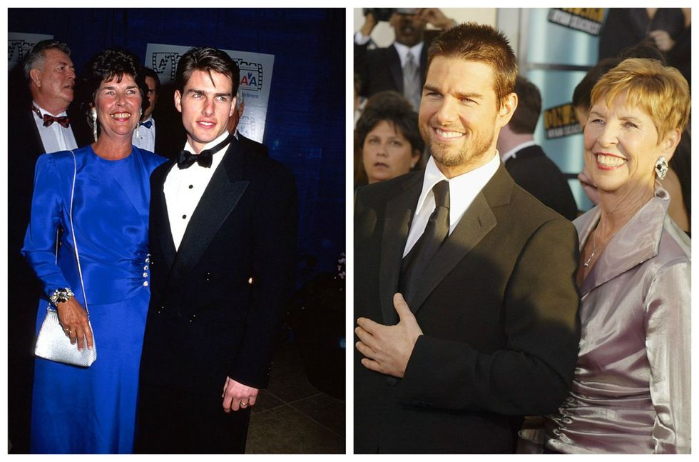 <p>Voor als je je ooit hebt afgevraagd waar die brede, witte glimlach van Tom Cruise vandaan komt: wij hebben het antwoord! Juist, van zijn moeder. Hoewel zijn echtgenotes zo nu en dan wisselden, was zijn moeder op de rode loper een constante factor aan zijn zijde. Op links zien we moeder Mary Lee Pfeiffer in koninklijk blauw tijdens de <em>American Cinema Awards</em> in 1991. Op rechts opnieuw Toms moeder, in 2004 bij de <em>Golden Globe Awards</em>.</p>