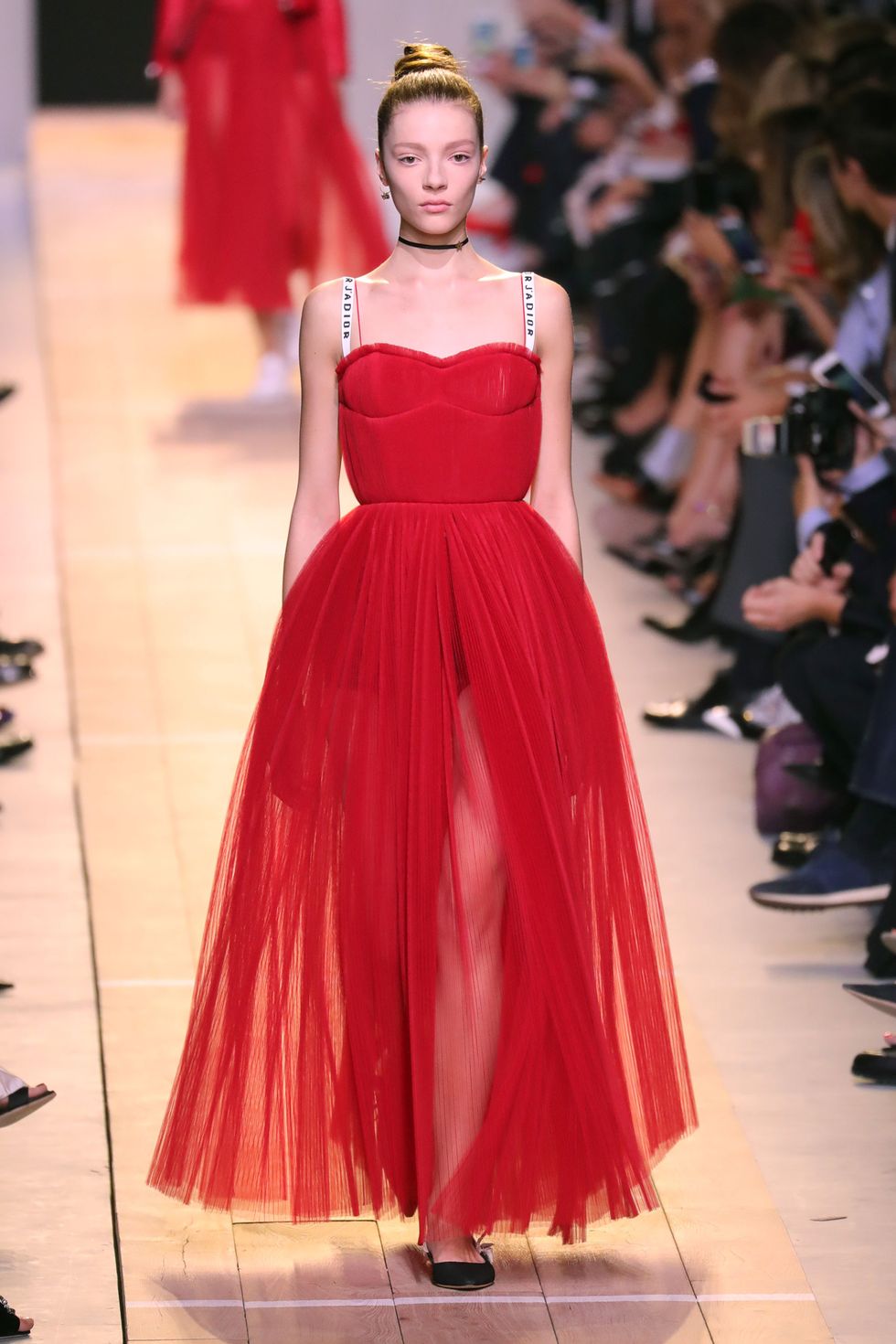 Clothing, Fashion show, Shoulder, Dress, Red, Runway, Fashion model, Style, Waist, Gown, 
