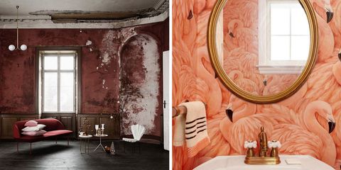 Pink, Red, Wall, Room, Interior design, Furniture, Wallpaper, Home, Material property, House, 