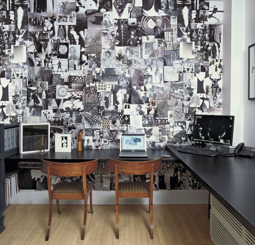 <p>A black-and-white collage by Robert Greene covers a wall of designer Paula Caravelli's <a href="http://www.elledecor.com/design-decorate/room-ideas/a7629/make-your-home-office-look-expensive/" target="_blank">office</a> in her home on Manhattan's Upper East Side. The circa-1845 klismos chairs are Danish and the laminate desk is custom made.</p>