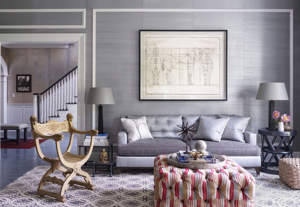 <p>For a <a href="http://www.elledecor.com/design-decorate/house-interiors/g440/thom-filicia-connecticut-home/" target="_blank">weekend home in Greenwich, Connecticut</a>, designer <a href="http://www.thomfilicia.com" target="_blank">Thom Filicia</a> sheathed the family room walls in a grass cloth by <a href="https://www.phillipjeffries.com" target="_blank">Phillip Jeffries</a> and custom designed the sofa in complementary fabrics. The custom ottoman is upholstered in a <a href="http://www.kravet.com/products/carpets/" target="_blank">Kravet</a> wool, the lamps are by <a href="http://www.luccaantiques.com/item/grid/1/2/" target="_blank">Lucca Studio</a> and the round iron side table is from <a href="https://www.lillianaugust.com" target="_blank">Lillian August</a>.</p>