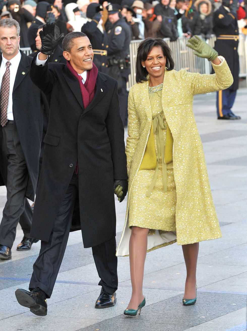 <p><strong data-verified="redactor" data-redactor-tag="strong">When: </strong>January 20, 2009</p>

<p><strong data-verified="redactor" data-redactor-tag="strong">Where: </strong>The Inaugural Parade in Washington, DC</p>

<p><strong data-verified="redactor" data-redactor-tag="strong">Wearing: </strong>Isabel Toledo dress and coat, Nina Ricci cardigan, Jimmy Choo heels, and J. Crew leather gloves</p>

<p><strong data-verified="redactor" data-redactor-tag="strong"></strong><strong data-verified="redactor" data-redactor-tag="strong">Why it mattered: </strong>For Inauguration Day, Michelle chose a lemongrass ensemble designed by Isabel Toledo. The color is unusual but uplifting—again keeping in line with the message of her husband's campaign. Also significant was the designer, Cuban-born Toledo whose name, though beloved by fashion insiders, is far from a household one. "First ladies traditionally stick to one designer, but Mrs. Obama made a point of wearing clothes from a wide range of young, multi-cultural designers which sent a message of inclusiveness and great support for the fashion industry," notes Betts.<strong data-verified="redactor" data-redactor-tag="strong"></strong></p>