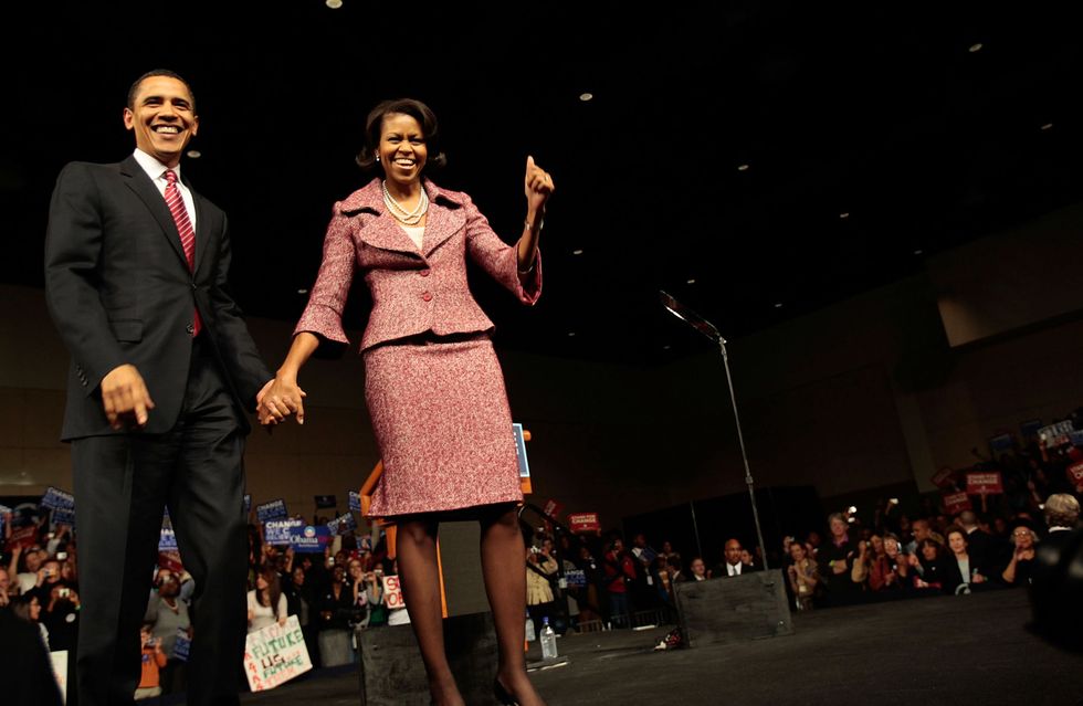 <p>          <strong data-verified="redactor" data-redactor-tag="strong">When: </strong>January 26, 2008</p>

<p><strong data-verified="redactor" data-redactor-tag="strong">Where: </strong>Victory rally at the Columbia Metropolitan Convention Center in Columbia, South Carolina</p>

<p><strong data-verified="redactor" data-redactor-tag="strong">Wearing: </strong>unknown </p>

<p><strong data-verified="redactor" data-redactor-tag="strong"></strong><strong data-verified="redactor" data-redactor-tag="strong">Why it mattered:</strong> The First Lady's style is still emerging here. "I think this look is a little subdued," says Dincuff. "She's playing it safe. At the same time, she's still embracing color with her signature confidence."</p>