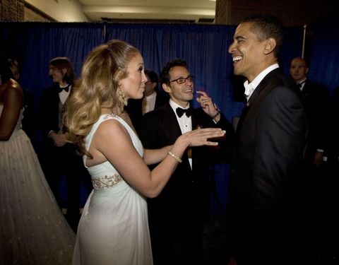 <p>
J.Lo cracks up the president backstage at the inaugural ball, where she and then-husband Marc Anthony performed in 2009.</p>
