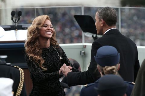 <p>The first time Beyoncé performed in honor of POTUS was at the inaugural ball in 2009, <a href="https://www.youtube.com/watch?v=buNlchlfWh0">singing "At Last" for his first dance with FLOTUS</a>. Here, Bey has just finished singing the national anthem at the president's second inauguration in 2013.</p>
