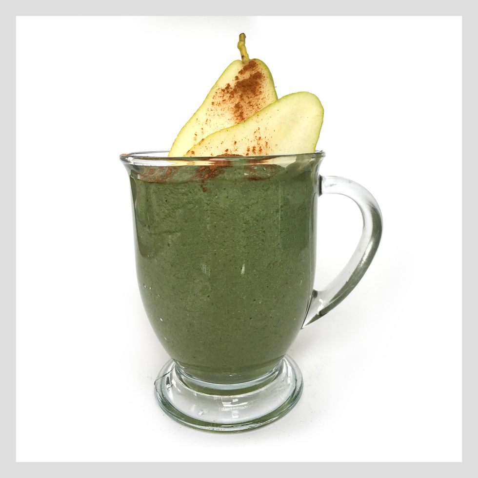 <p><strong>Ingredients:</strong></p><p><strong></strong>2 Tbsp. chai tea</p><p>1 cup coconut milk</p><p>1 cup frozen spinach</p><p>½ cup frozen pear</p><p>½ cup red apple</p><p>2 pitted dates</p><p>⅛ tsp. reishi powder</p><p>** Optional: maple syrup</p><p><strong>Directions:</strong></p><p>Heat coconut milk and steep chai tea for five minutes. Strain tea leaves from milk. When milk is cool, pour into a blender with remaining ingredients. Blend until smooth, and add more coconut milk if needed.  [Add a dash of maple syrup if you need some extra sweetness.]</p>