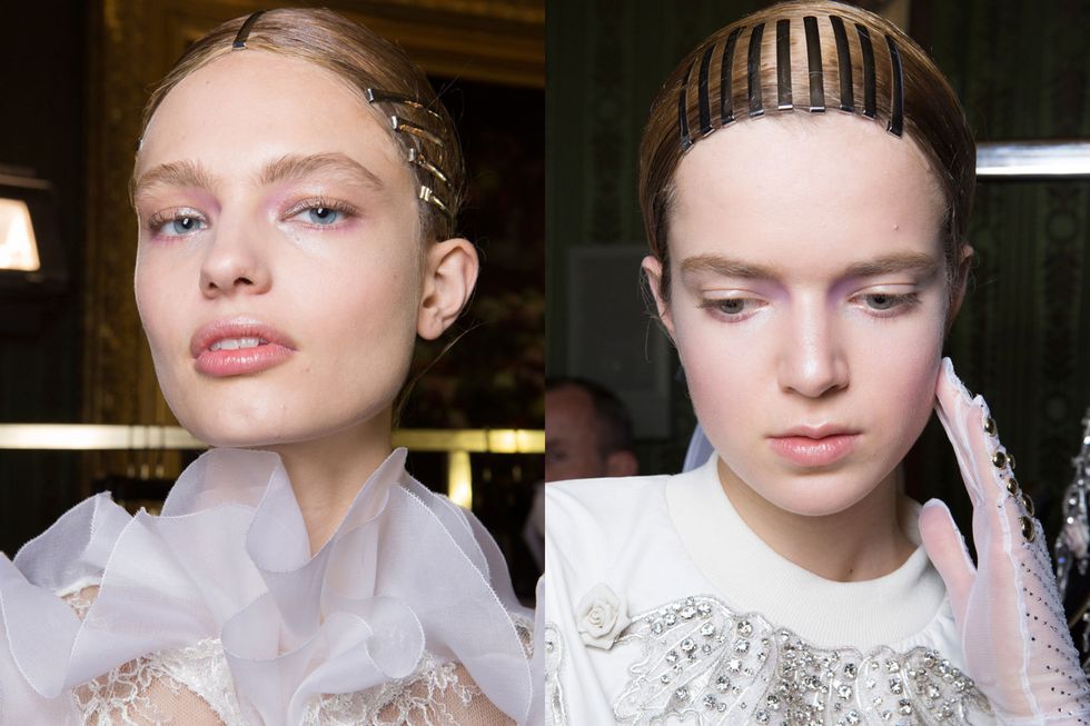 <p>At Francesco&nbsp;Scognamiglio<span class="redactor-invisible-space">,&nbsp;</span>basic metallic hair&nbsp;barrettes were transformed into something much more high-fashion, simply by grouping them together in an unusual pattern. Lined-up horizontally&nbsp;along the back of a bun, dead-center on the&nbsp;part, or along the front of the models' hairline, the pins added an element of toughness to the collection.</p>