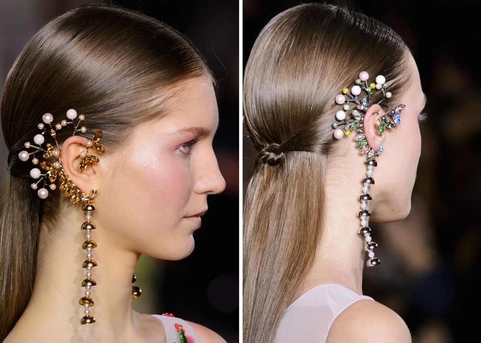 <p>At Georges Hobeika, the hair was pulled back into a sleek half-up knot. It served as the perfect canvas for a set of&nbsp;statement-making ear accessories.&nbsp;</p>