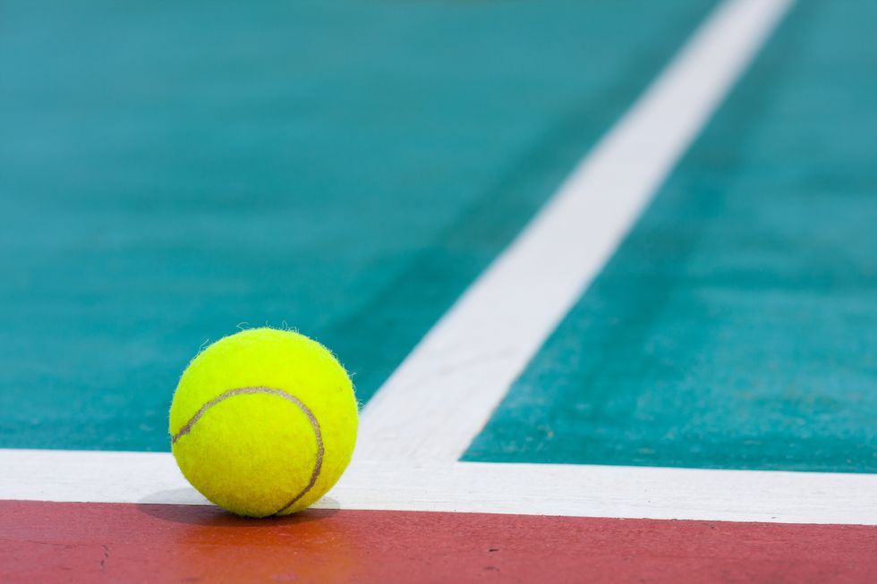 Tennis ball, Ball, Sport venue, Green, Sports, Tennis court, Yellow, Sports equipment, Ball game, Real tennis, 