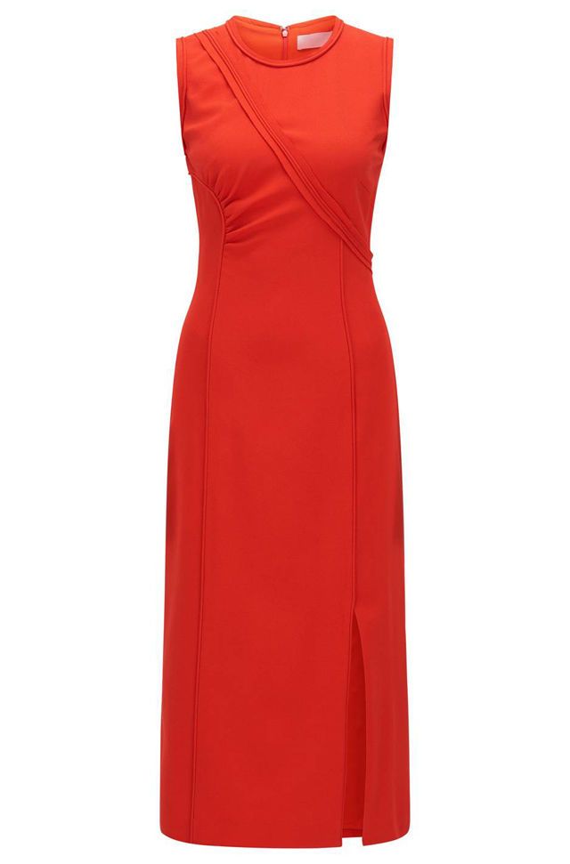 Dress, Sleeve, Textile, Red, One-piece garment, Formal wear, Orange, Pattern, Fashion, Carmine, 