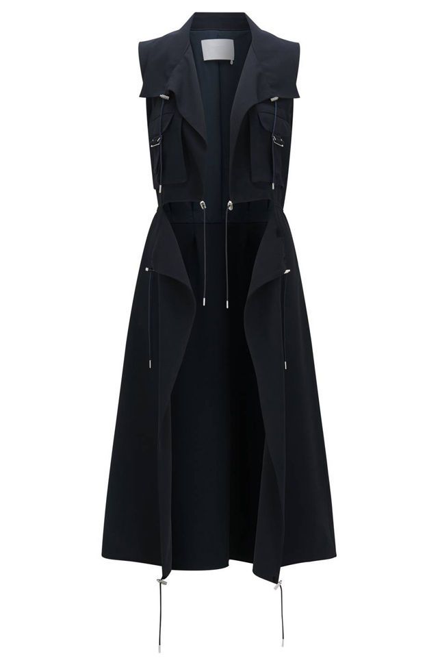Clothing, Black, Outerwear, Coat, Dress, Cocktail dress, Trench coat, Little black dress, Sleeve, Overcoat, 