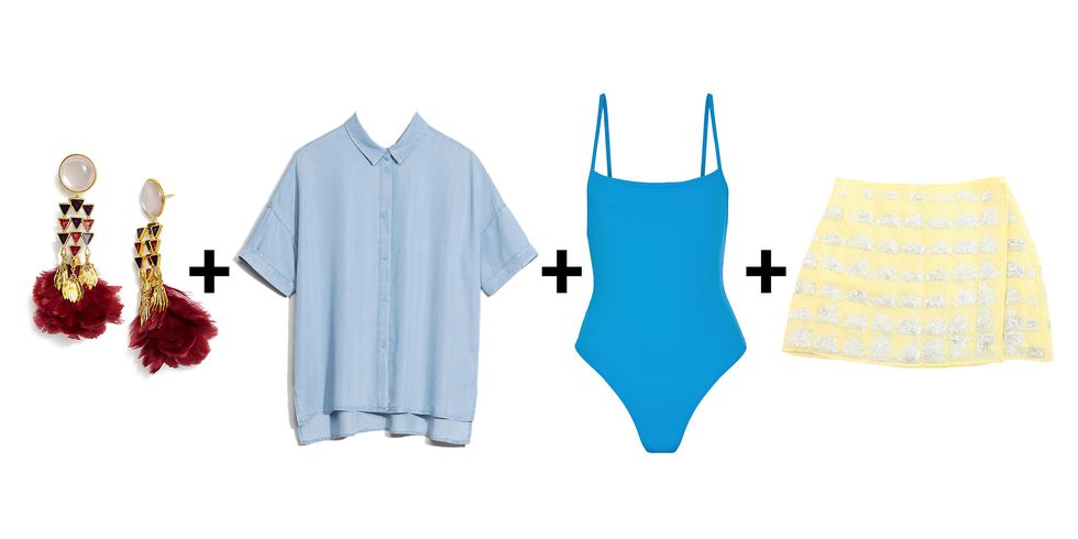 <p>My personal favorite: Take your sun-dried swimsuit, add the skirt companion to <a href="http://www.marieclaire.com/fashion/news/a23249/calle-del-mar-shirt-of-dreams/" target="_blank" data-tracking-id="recirc-text-link">the most magical top ever made in the history of fashion</a>, and an open shirt for *propriety* (snickers). Oh, and fancy earrings never hurt anybody.&nbsp;</p><p><em data-redactor-tag="em" data-verified="redactor">Tory Burch earrings, $225, <a href="https://www.toryburch.com/feather-chandelier-earring/34346.html?cgid=accessories-jewelry&amp;dwvar_34346_color=611&amp;start=16" target="_blank" data-tracking-id="recirc-text-link">toryburch.com</a>; &amp; Other Stories shirt, Solid &amp; Striped swimsuit, $158, <a href="https://www.net-a-porter.com/us/en/product/839726/solid_and_striped/the-chelsea-swimsuit" target="_blank" data-tracking-id="recirc-text-link">net-a-porter.com</a>; Calle del Mar skirt, $310, <a href="https://www.calledelmar.us/shop/sequin-wrap-skirt-sunshine" target="_blank" data-tracking-id="recirc-text-link">calledelmar.us</a>.&nbsp;</em></p>