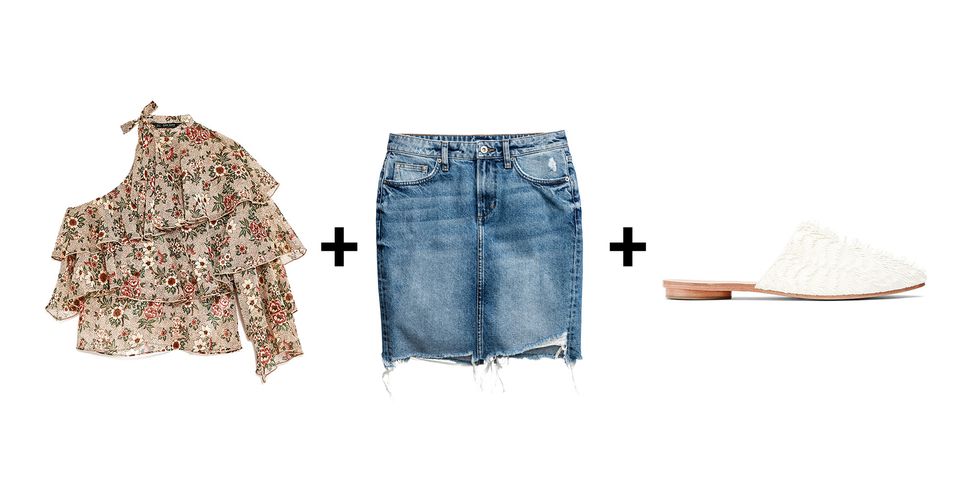 <p>For when you don't want to wear cutoffs or jeans but need some denim on your person.&nbsp;</p><p><em data-redactor-tag="em" data-verified="redactor">Zara shirt, $40, <a href="https://www.zara.com/us/en/woman/tops/view-all/asymmetric-printed-top-c719021p4335614.html" target="_blank" data-tracking-id="recirc-text-link">zara.com</a>; H&amp;M skirt, $35, <a href="http://www.hm.com/us/product/51260?article=51260-A" target="_blank" data-tracking-id="recirc-text-link">hm.com</a>; Loeffler Randall slides, $295, <a href="http://www.loefflerrandall.com/winnie-ivory.html" target="_blank" data-tracking-id="recirc-text-link">loefflerrandall.com</a>.</em></p>