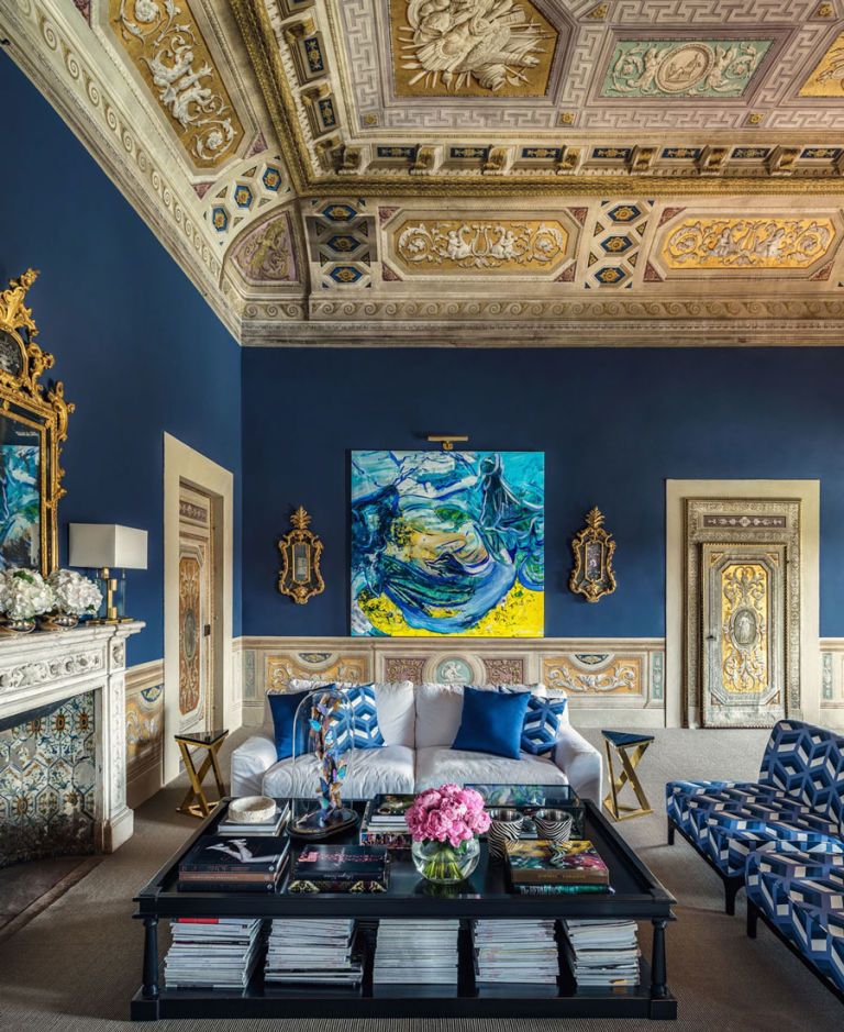 Blue, Room, Interior design, Wall, Ceiling, Furniture, Interior design, Majorelle blue, Art, Hall, 