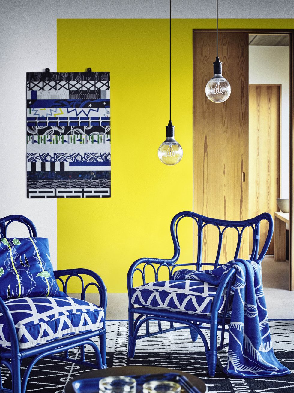 Blue, Yellow, Room, Furniture, Cobalt blue, Wall, Lighting, Interior design, Chair, Dining room, 