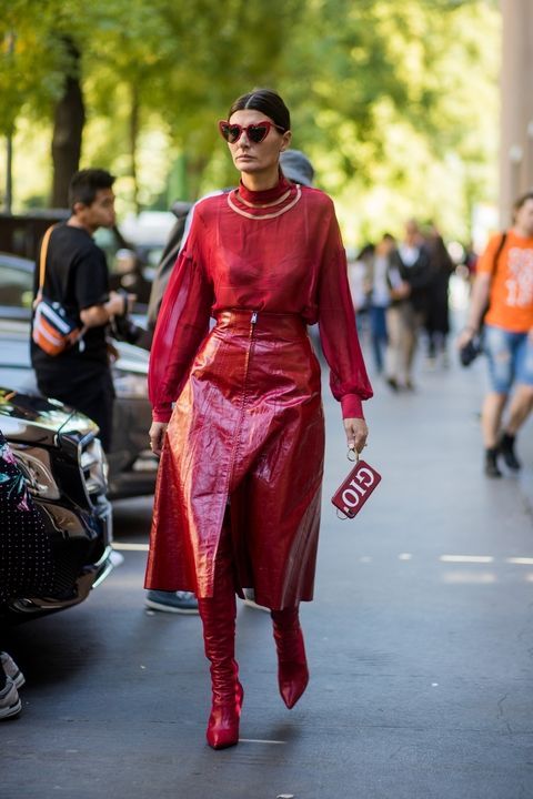 Street fashion, Fashion, Clothing, Red, Maroon, Pink, Footwear, Fashion model, Outerwear, Haute couture, 