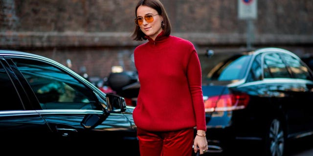 Street fashion, Clothing, Red, Fashion, Eyewear, Vehicle door, Outerwear, Maroon, Vehicle, Car, 