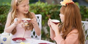 Child, Hairstyle, Eating, Tea party, Hair accessory, Brunch, Drinking, Tea set, Fashion accessory, Tableware, 