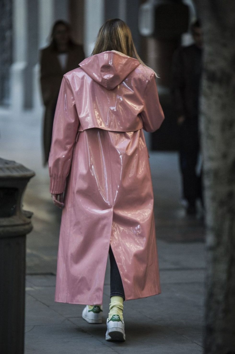 Pink, Clothing, Fashion, Street fashion, Outerwear, Yellow, Raincoat, Costume, Trench coat, Street, 