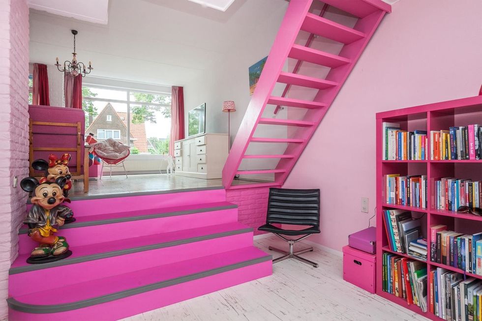 Pink, Shelf, Room, Shelving, Furniture, Stairs, Interior design, Bookcase, Magenta, Purple, 