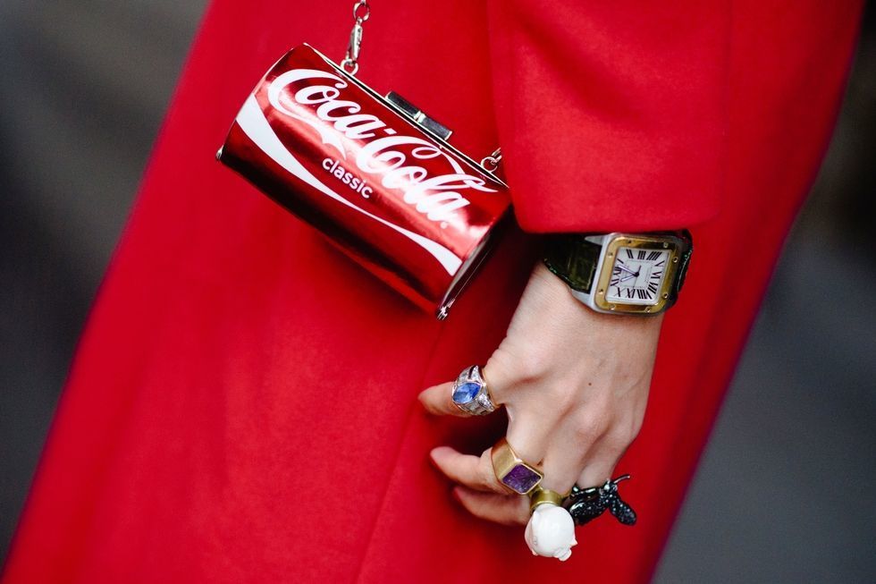 Red, Street fashion, Nail, Finger, Hand, Footwear, Material property, Engagement ring, Fashion accessory, Jacket, 