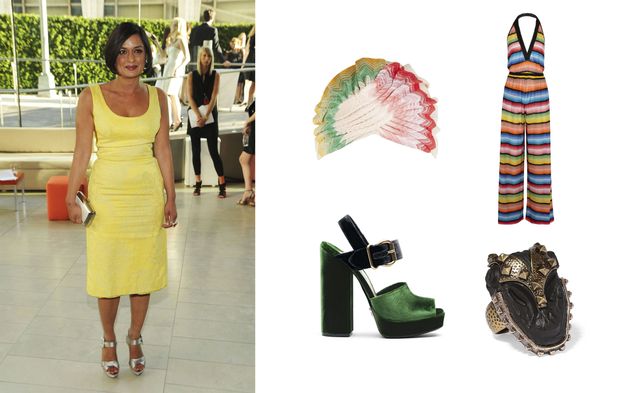 Yellow, Textile, Pattern, Style, Dress, Street fashion, Fashion accessory, Fashion, Bag, High heels, 