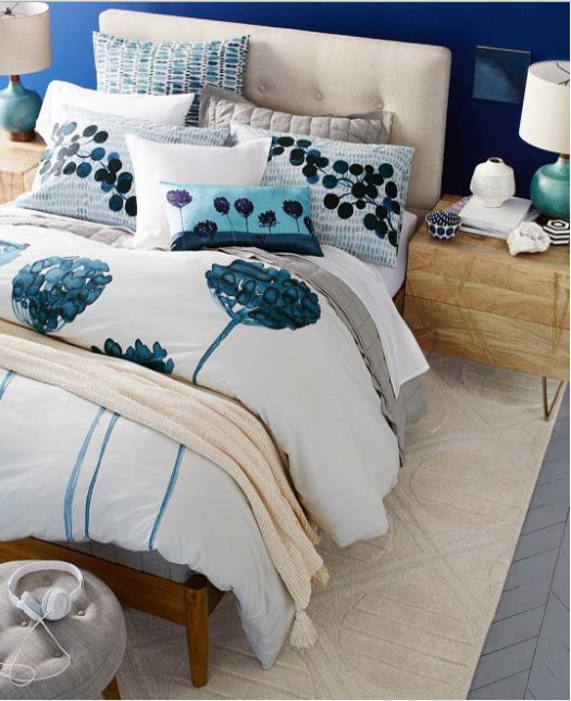 Blue, Room, Product, Interior design, Bedding, Textile, Furniture, White, Wall, Bedroom, 