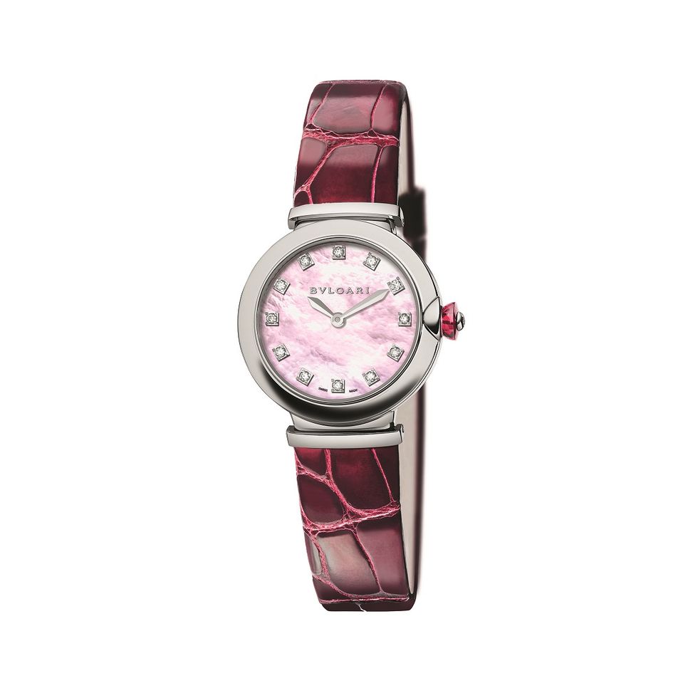 Product, Watch, Analog watch, Glass, Red, Magenta, Pink, Watch accessory, Fashion accessory, Font, 