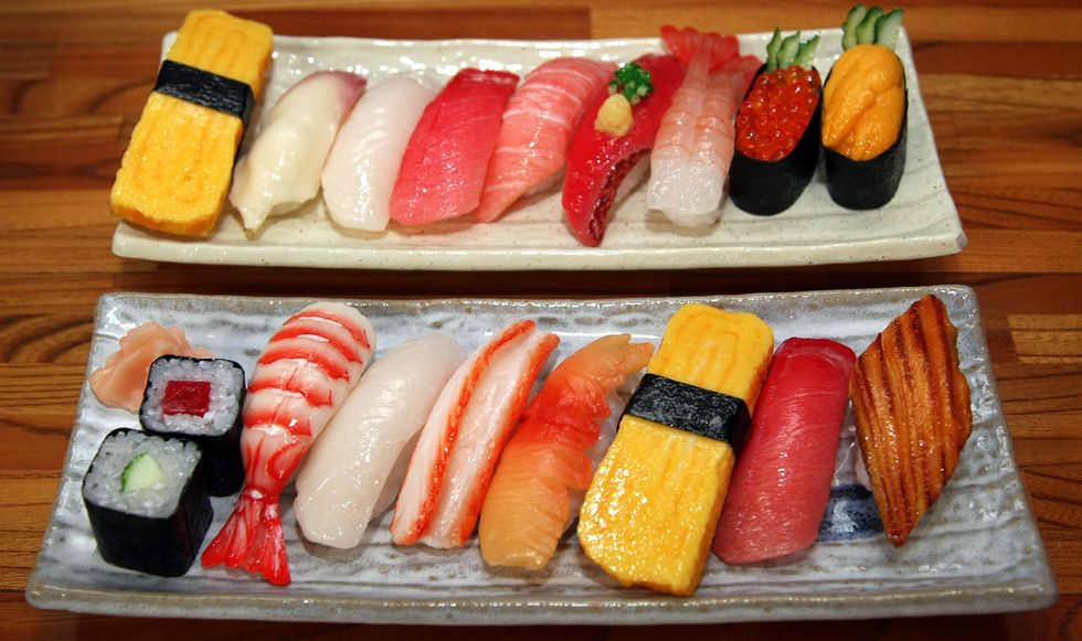 Cuisine, Food, Sushi, Sashimi, Fish slice, Orange, Dish, Tableware, Seafood, Ingredient, 