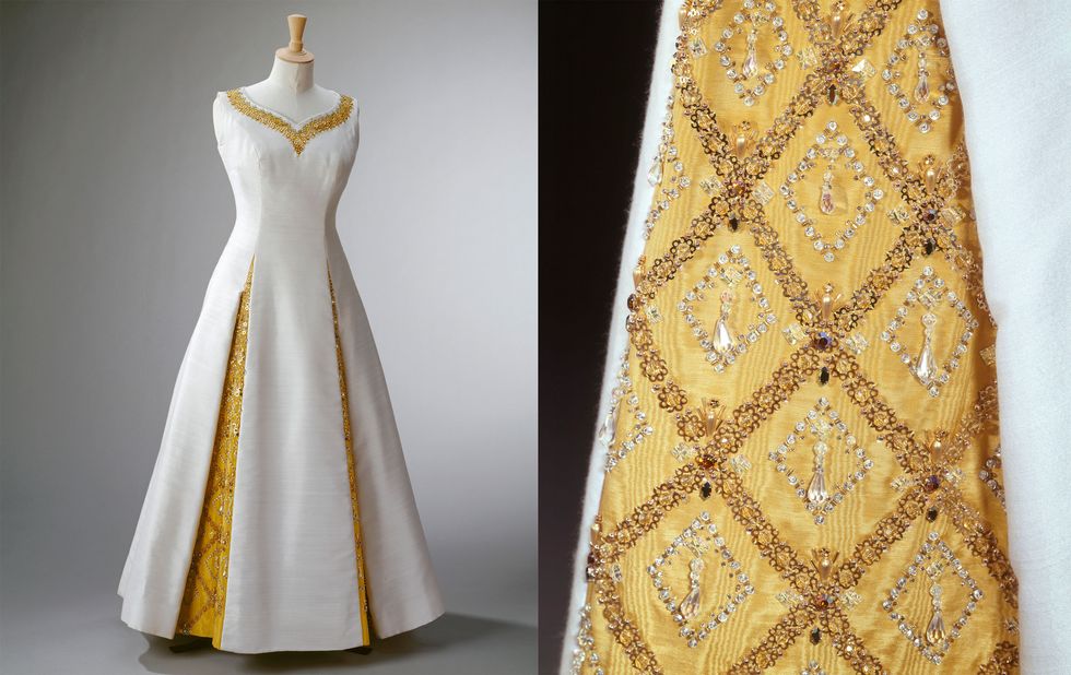 Yellow, Dress, Textile, White, Pattern, One-piece garment, Formal wear, Style, Gown, Fashion, 