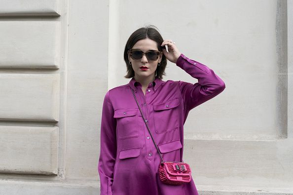 Clothing, Sleeve, Collar, Outerwear, Magenta, Pink, Sunglasses, Bag, Style, Purple, 