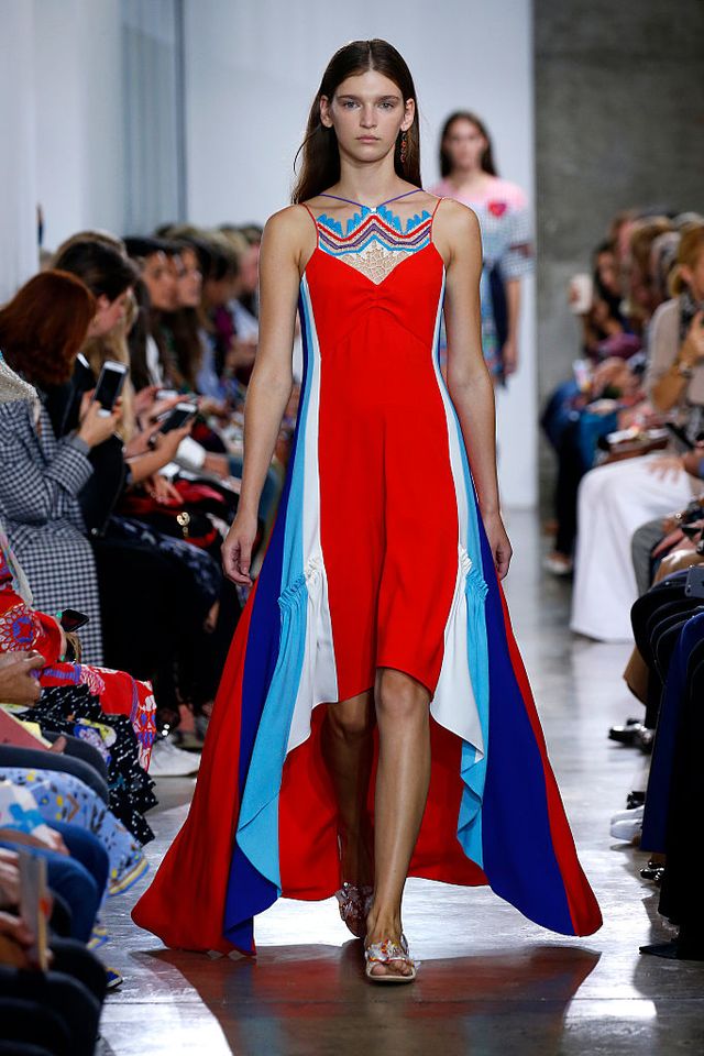 Blue, Fashion show, Event, Shoulder, Runway, Joint, Red, Fashion model, Dress, Style, 