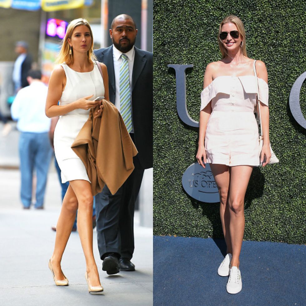 <p><span>（左）白色洋裝加上裸色高跟鞋，柔和色調粹出極緻優雅。（右）平口連身褲和球鞋的組合滿溢青春氣息，盡顯率性態度。</span></p>