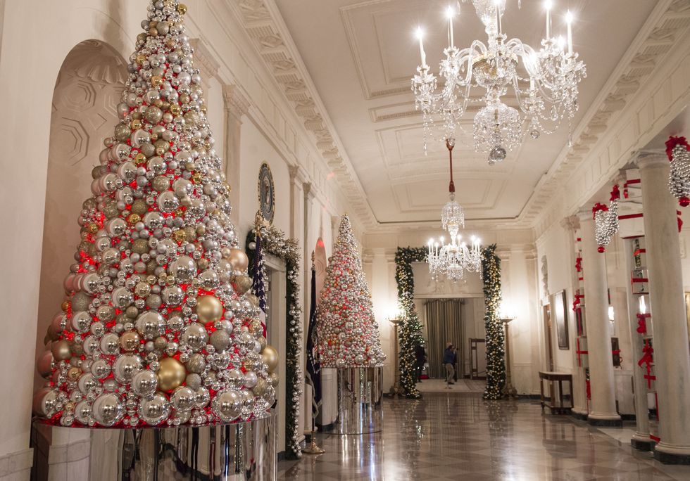 <p>常用來招待貴賓的藍廳門廊前，擺放泛著金屬光澤的球飾聖誕樹。</p>