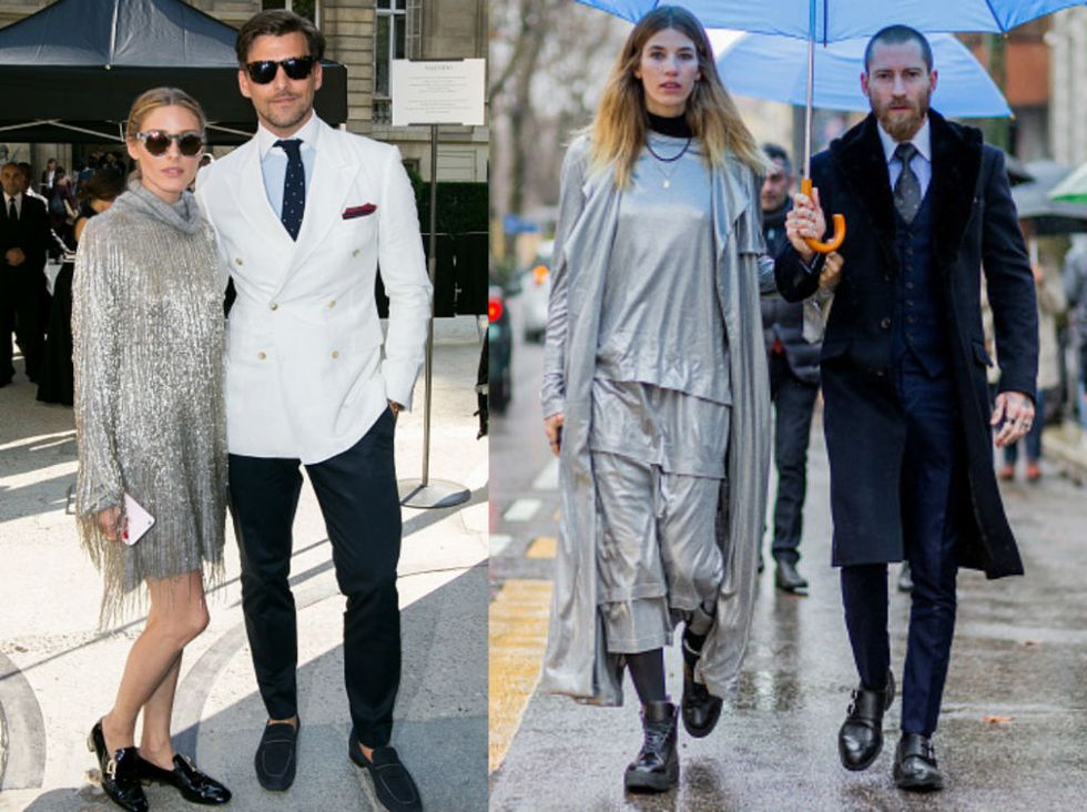 <p>銀質面料為妳帶來最具現代感的聖誕造型，選擇流蘇樣式，體現女人味十足的柔美風尚，與一旁的的白色西裝共同打造唯美銀白時髦；或將銀色層層堆疊，寬鬆中性裝束也別具特色，男生則穿上深藍西裝，並肩走上街頭，強勁氣勢足以成為目光焦點。</p>

<p>（左）Olivia Palermo &amp; Johannes Huebl</p>

<p>（右）Veronika Heilbrunner＆Justin O'Shea</p>
