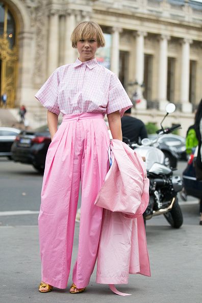 Pink, Street fashion, Bangs, Day dress, One-piece garment, Sandal, Motorcycle, Embellishment, Button, Pattern, 