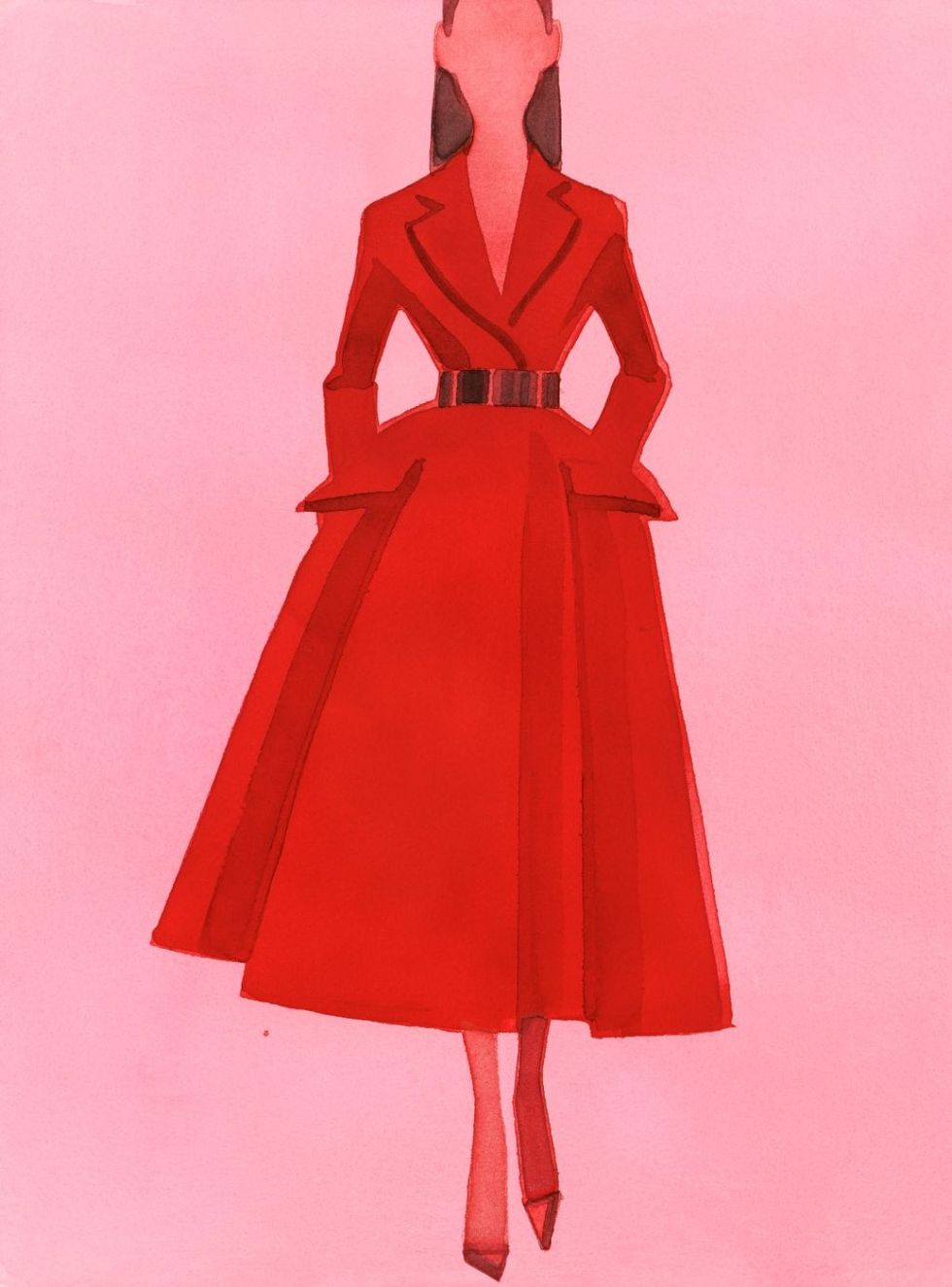 Sleeve, Dress, Shoulder, Red, One-piece garment, Pink, Formal wear, Costume design, Fashion illustration, Collar, 