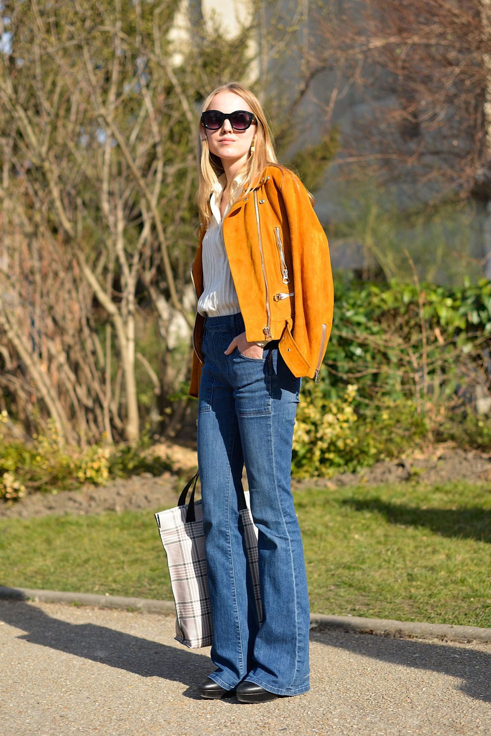 Jeans, Denim, Clothing, Street fashion, Yellow, Orange, Outerwear, Fashion, Jacket, Footwear, 