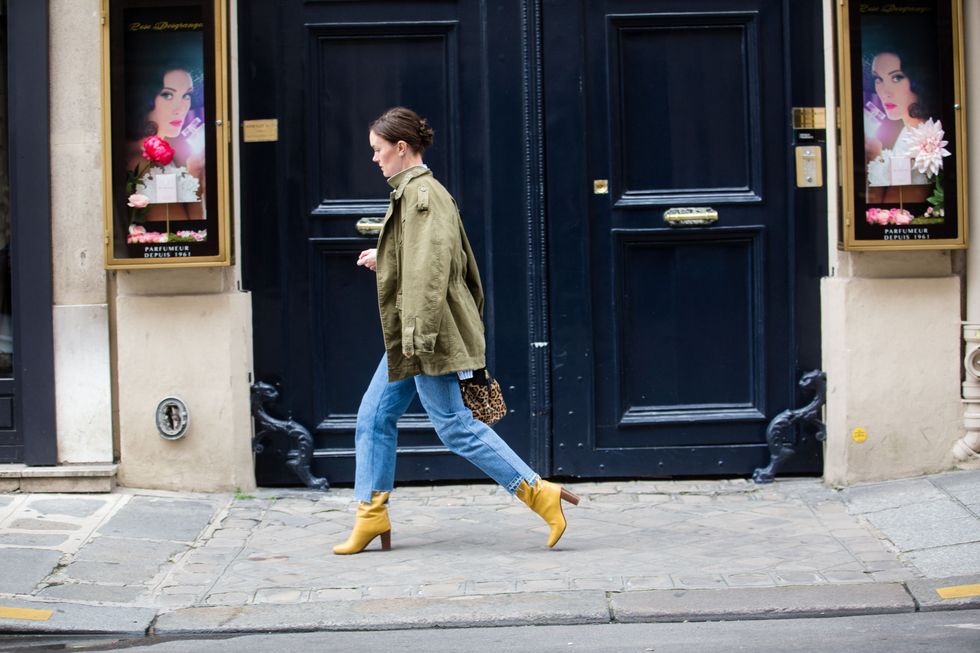 Yellow, Trousers, Denim, Jeans, Photograph, Standing, Door, Outerwear, Style, Jacket, 