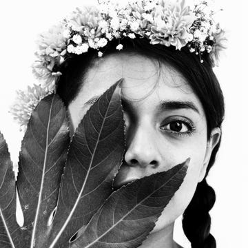 Black-and-white, Headpiece, Head, Monochrome photography, Leaf, Monochrome, Eye, Stock photography, Photography, Headgear, 