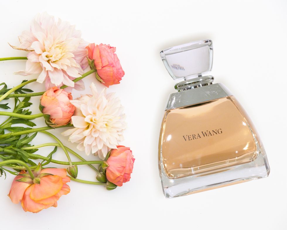Perfume, Product, Beauty, Cosmetics, Peach, Pink, Flower, Rose, Material property, Peony, 