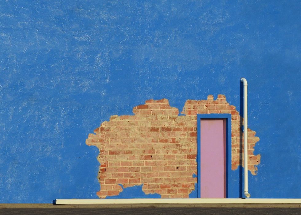 Blue, Wall, Yellow, Sky, Azure, Brick, Architecture, House, Paint, Art, 